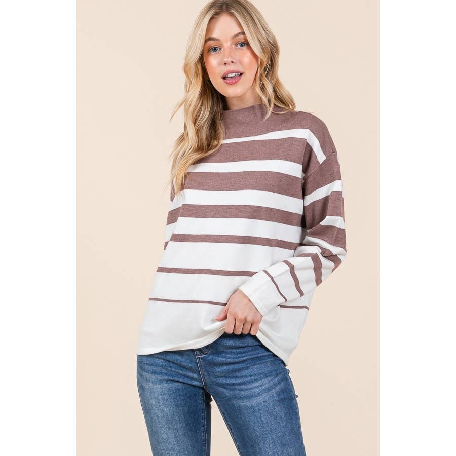 Striped Mock Neck Long Sleeve Sweater