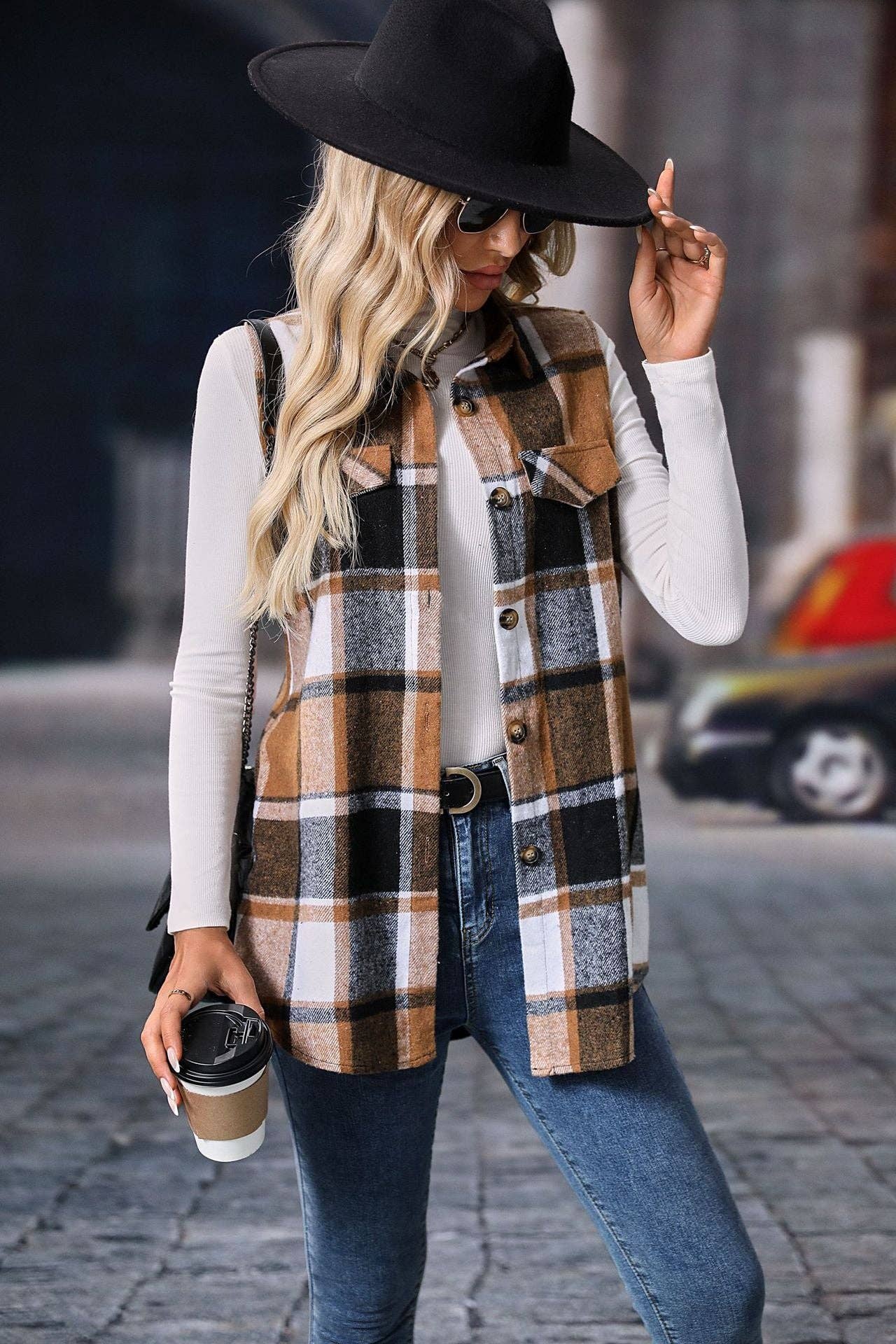 Plaid Shacket Vest with Pockets