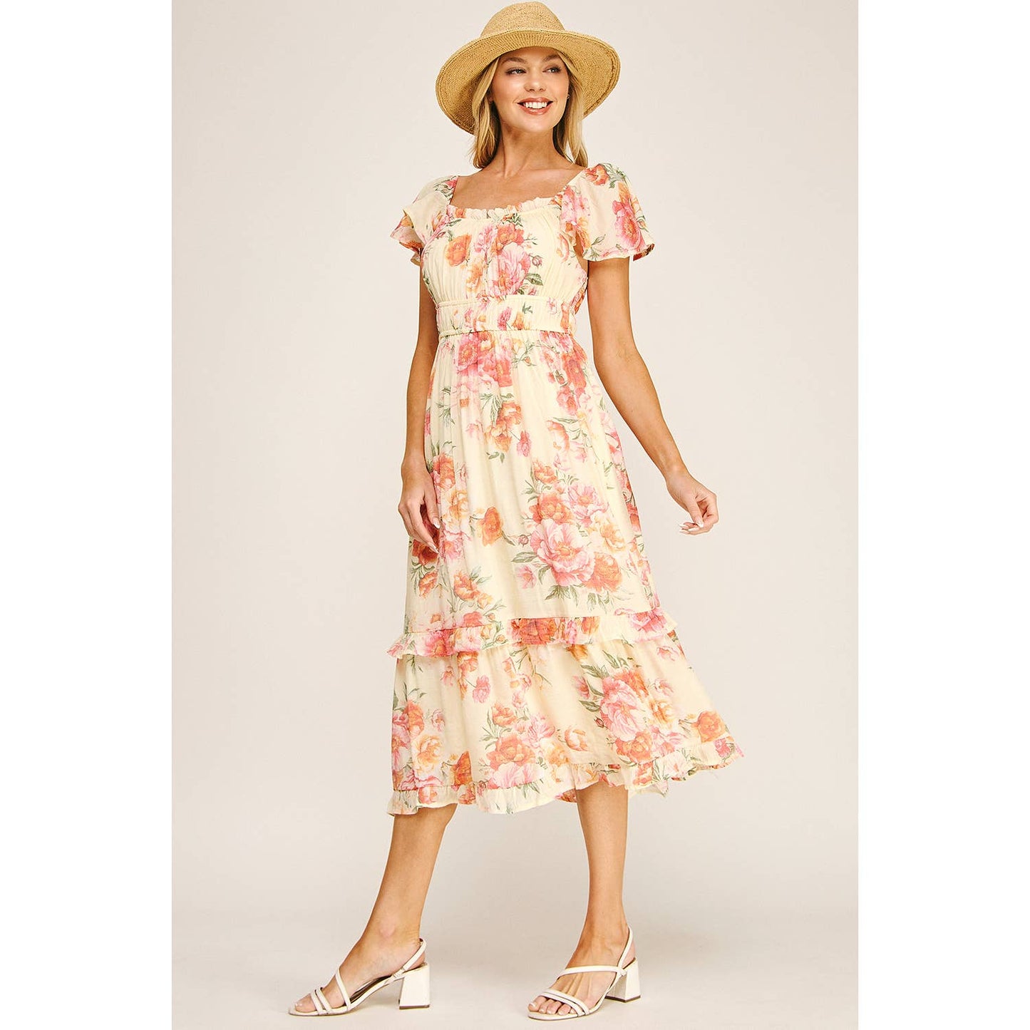 FLUTTER SLEEVE FLORAL TIERED DRESS