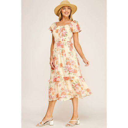 FLUTTER SLEEVE FLORAL TIERED DRESS