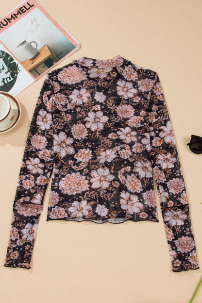 Botanical Mesh Mock Neck Long Sleeve Top