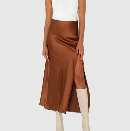 Satin High-Waisted Slit Skirt