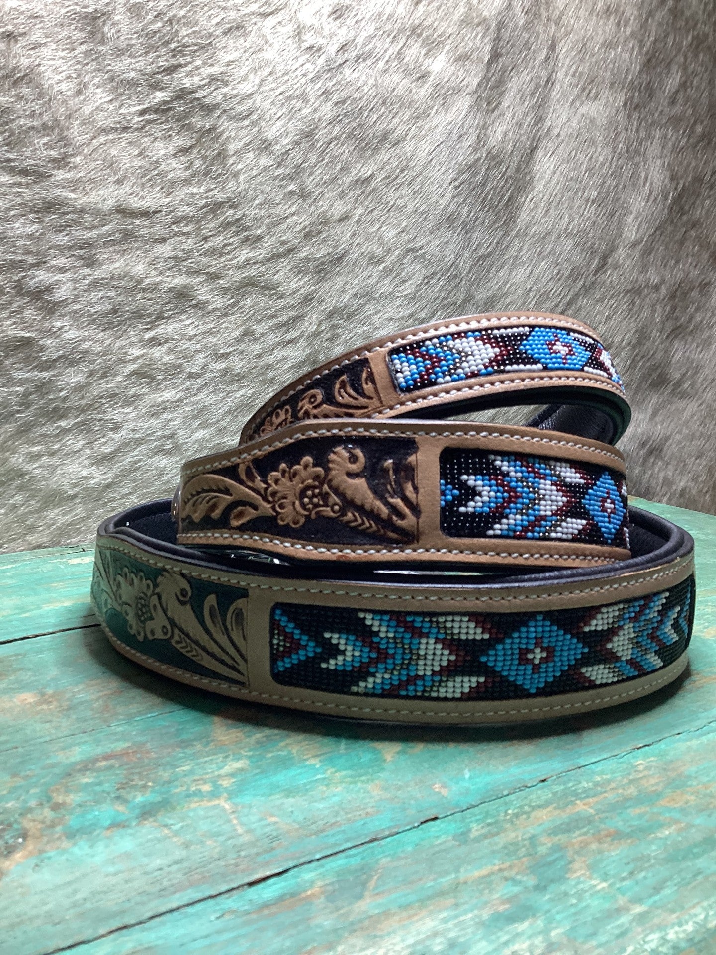 Western Aztec Turquoise Leather Beaded Dog Collar