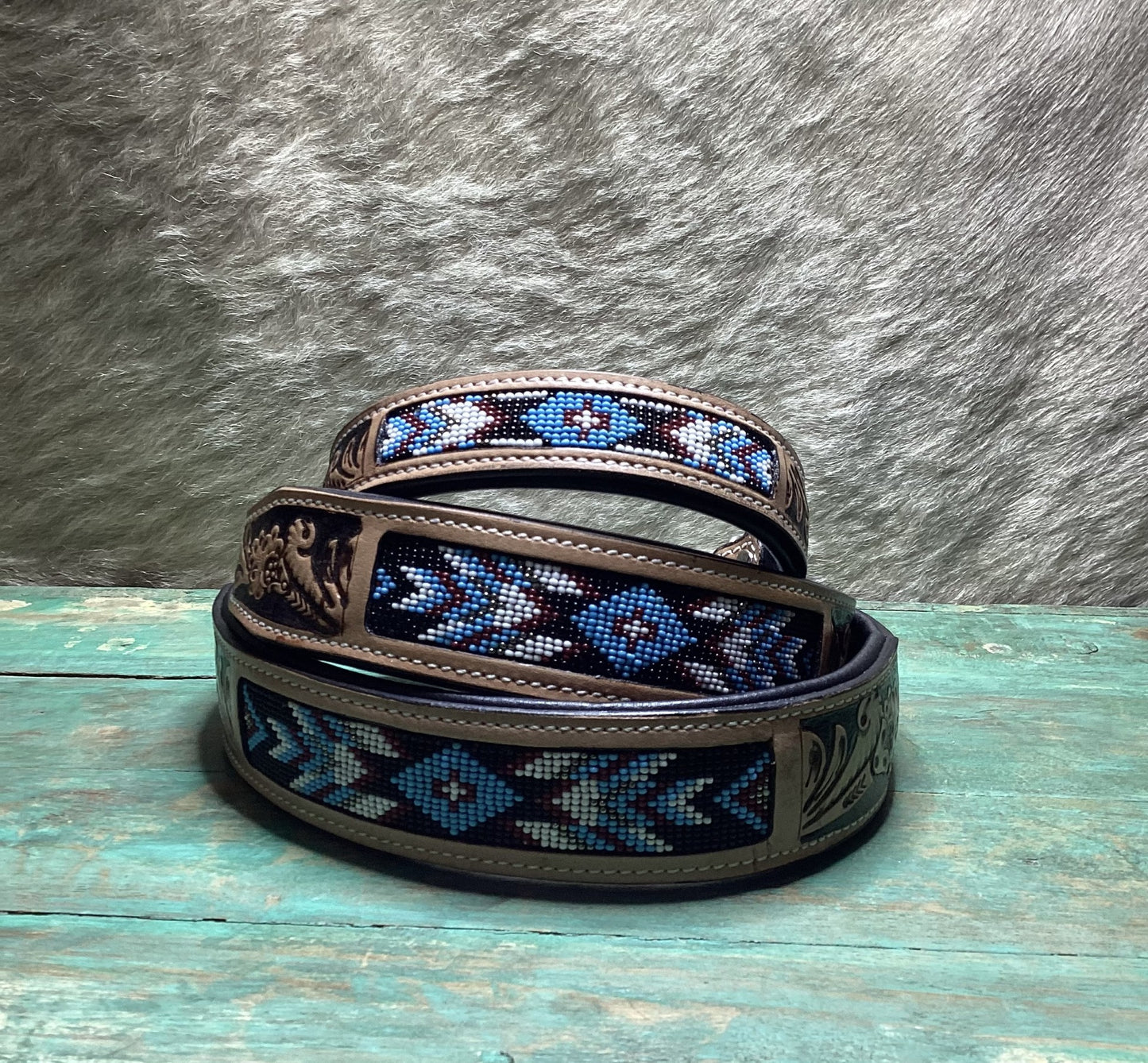 Western Aztec Turquoise Leather Beaded Dog Collar