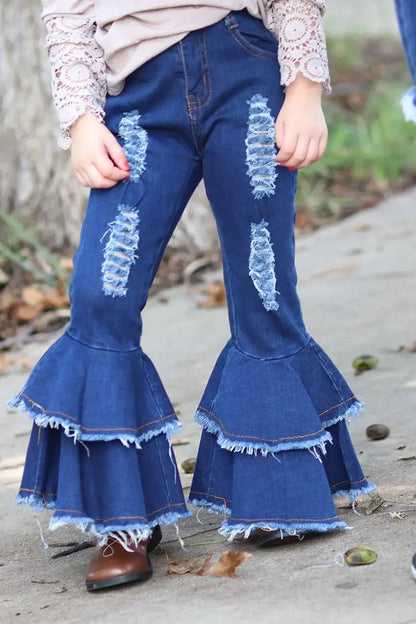 DENIM DISTRESSED DENIM BELL PANTS