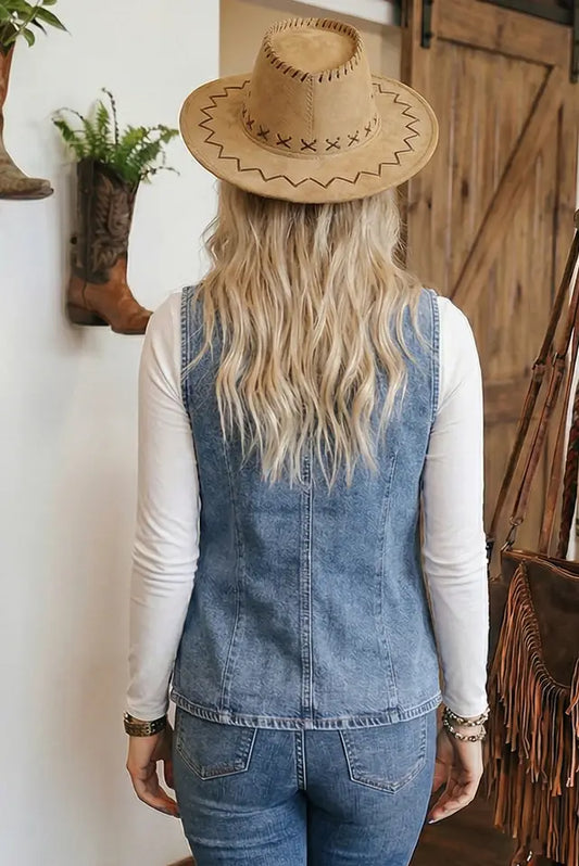 Western Buttoned Front Slit Denim Vest