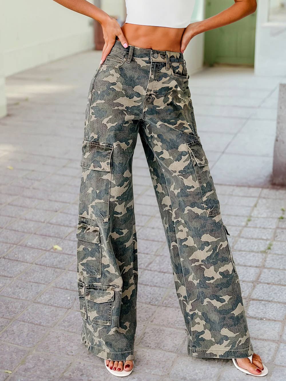 2025 Fall Camo Denim Cargo Wide Leg Pants: Green / 4