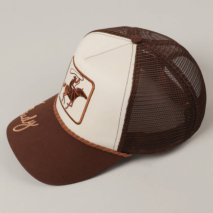Cowboy Image Howdy Embroidery Mesh Back Cap: Brown / ONE SIZE