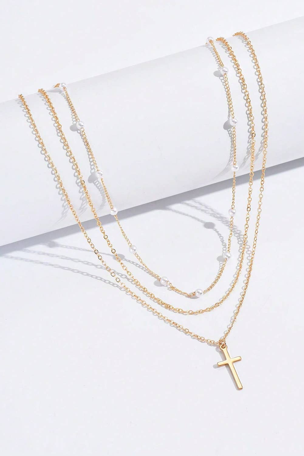 Plated Cross Pendant Pearl Triple Layer Chain Necklace