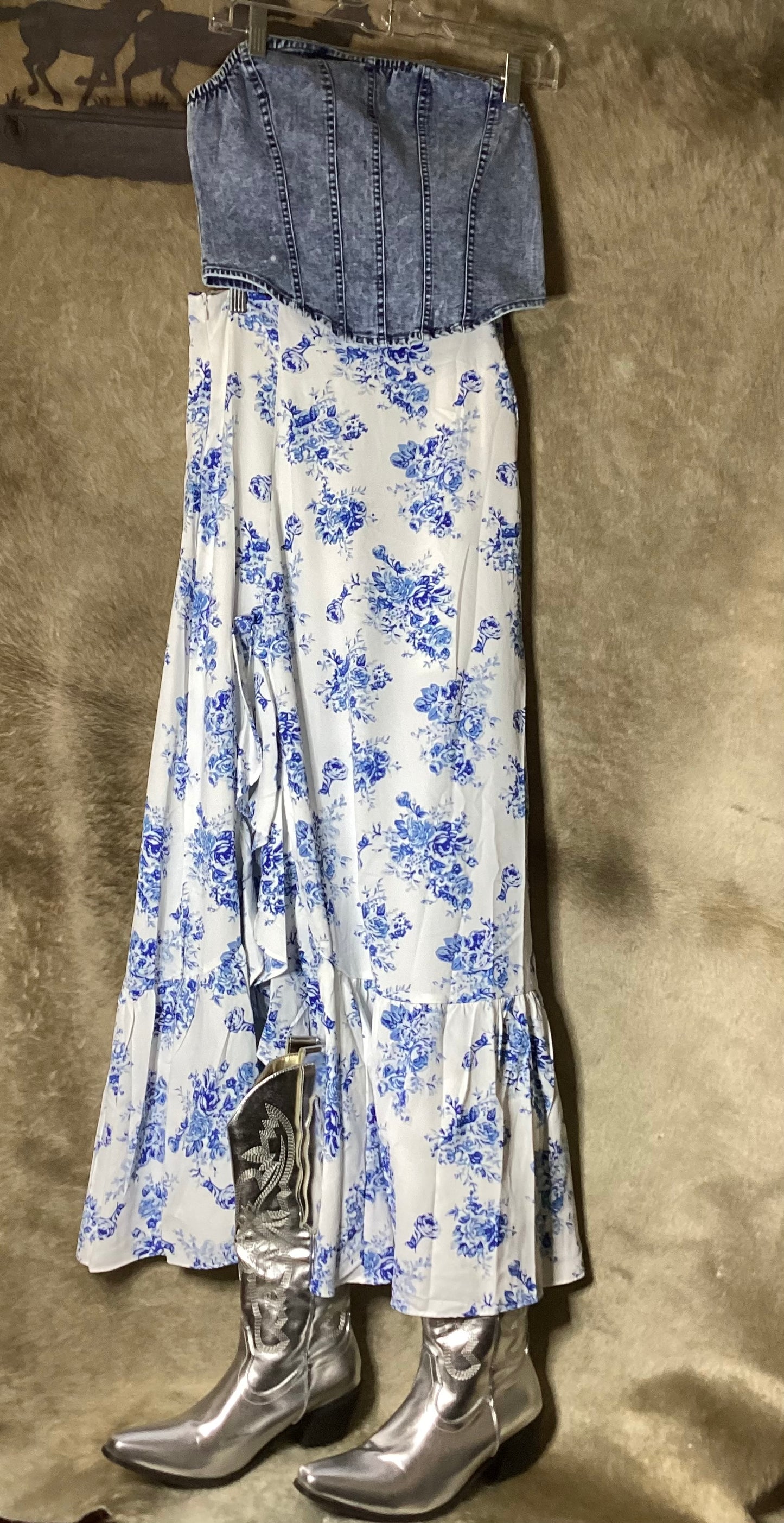 Floral ruffle maxi skirt styled with a denim corset top and silver cowboy boots