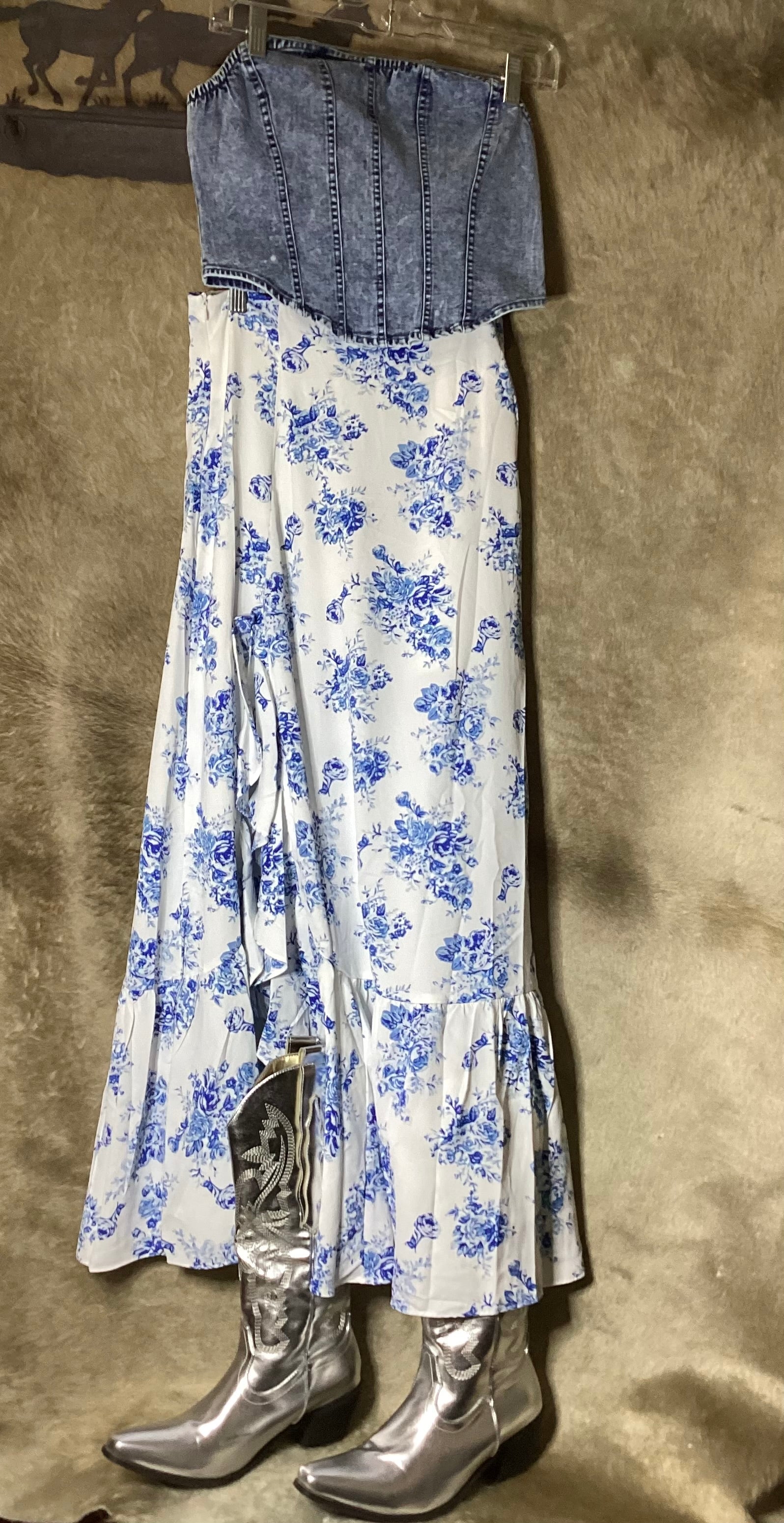 Floral ruffle maxi skirt styled with a denim corset top and silver cowboy boots