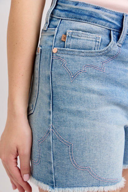 Judy Blue denim shorts with stylish stitching and frayed hem for casual summer outfits