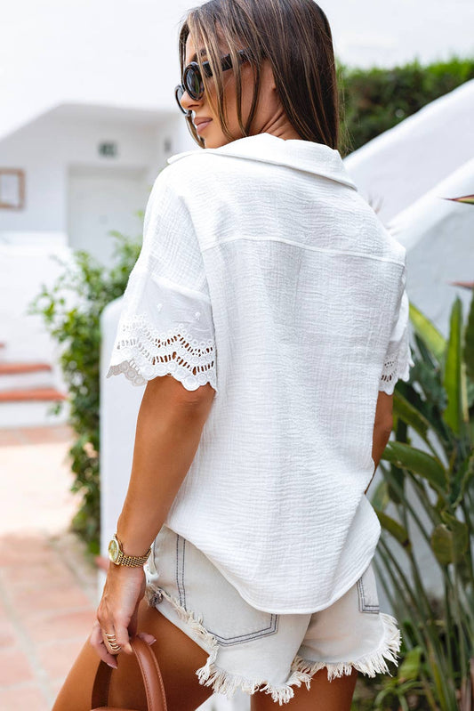 Stylish white lace splicing V neck top with short sleeves, perfect for casual summer outings