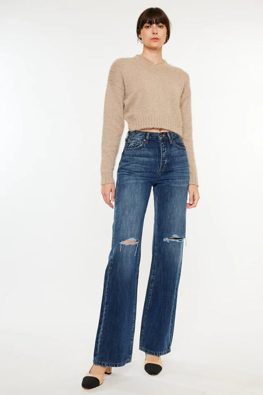 Ranch fashion women's jeans in medium wash with stylish distressed details and flared legs