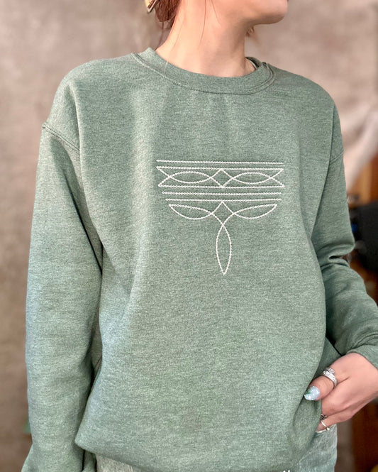 Basil & Burch ranch style boot stitch sweater in green with unique embroidered design