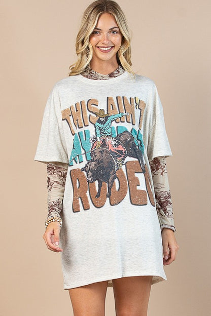 Avery Apparel Montana Boho Western Apparel T-shirt dress featuring a rodeo graphic design