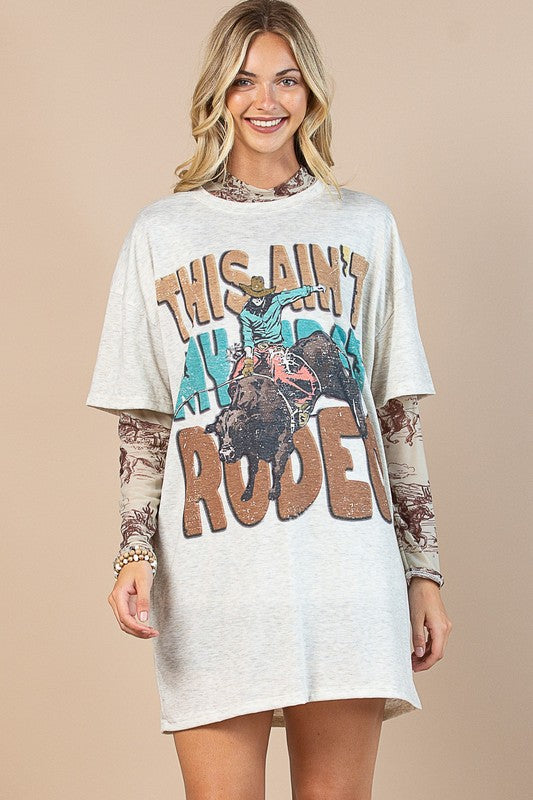 Avery Apparel Montana Boho Western Apparel T-shirt dress featuring a rodeo graphic design