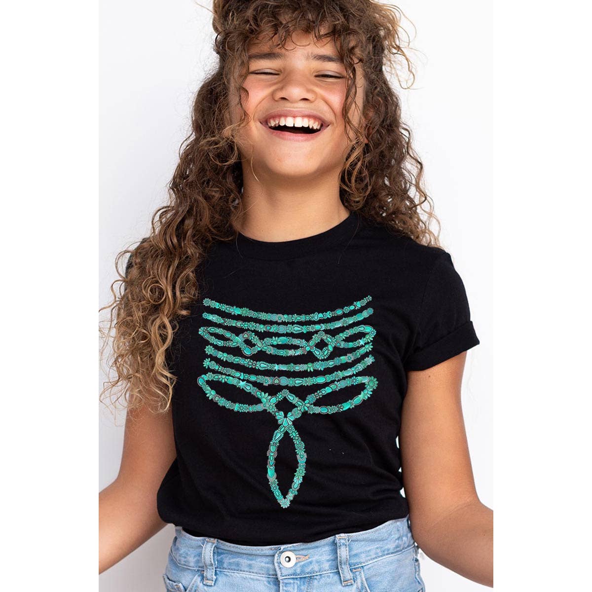 Girl wearing a black Kids Graphic T Shirt featuring Turquoise Stone Boot Stitch design