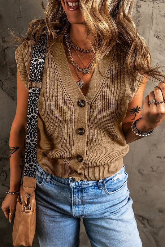 Stylish tan V neck buttoned sweater vest with ribbed texture, perfect for layering in any season