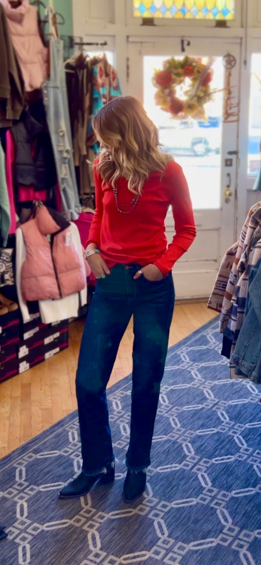 Judy Blue Women's Red Long Sleeve Top Paired with Dark Denim Straight Leg Jeans