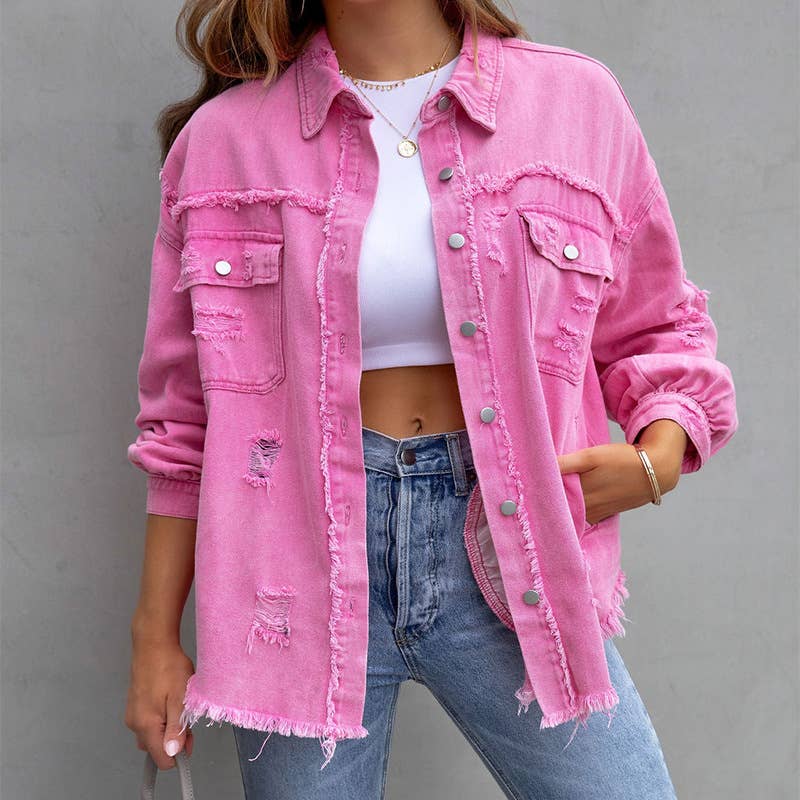 Rosa Clothing Pink Frayed Denim Jacket with Distressed Details and Button Closure for Casual Style