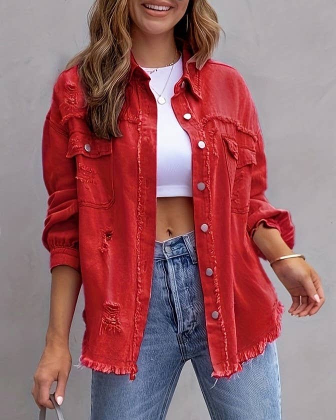 Rosa Clothing Red Distressed Denim Jacket with Frayed Hem and Pockets for Casual Styling