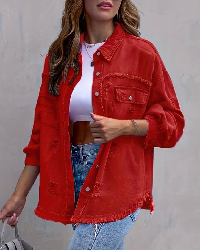 Rosa Clothing Red Distressed Denim Jacket with Frayed Hem for a Stylish Casual Look