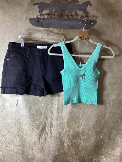 Zenana women's ribbed tank top in mint green paired with black denim shorts on a hanger