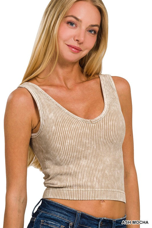 Zenana Women's ribbed tank top in ash mocha color with a flattering v-neck design