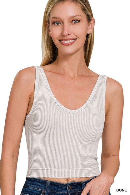 Zenana Women's ribbed tank top in bone color with a flattering V-neck and cropped style