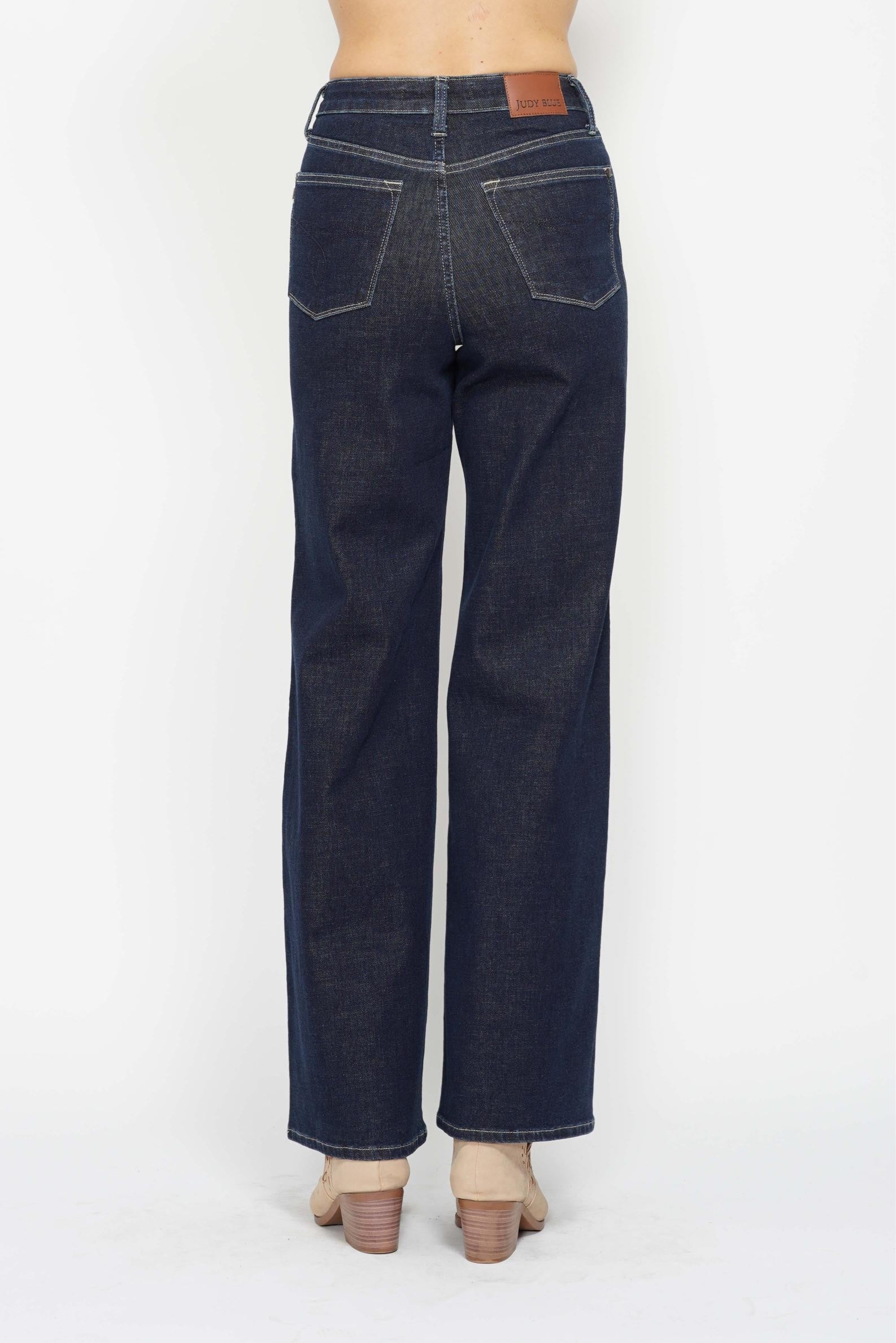 Back view of vintage style high waist jeans from Judy Blue, featuring a classic fit and dark wash