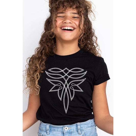 Western Boot Stitch Kids Graphic T Shirt in BLACK with playful design perfect for fun outings