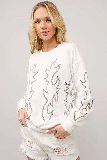 Women's Western Boot Stitch Pullover Sweatshirt in White with Trendy Embroidery Design