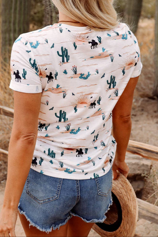 Western cactus top for women featuring a colorful cactus print on a lightweight fabric