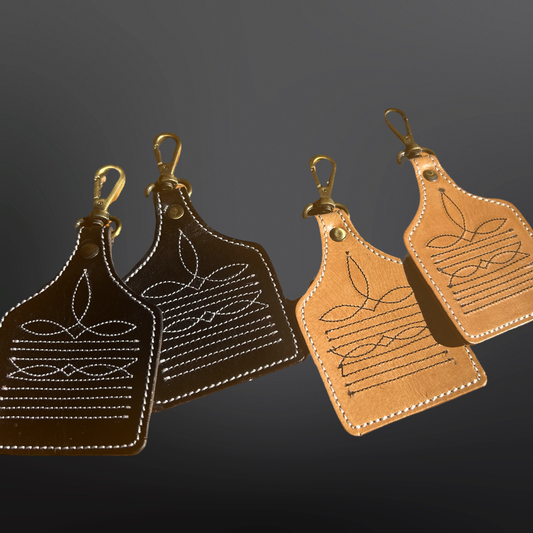 Westrian Western Cowboy Boot Stitched Leather Keychain in Black and Tan with Gold Clips