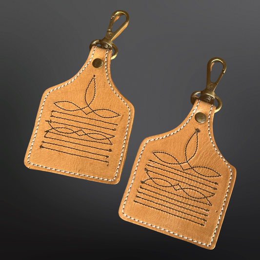 Westrian Western Cowboy Boot Stitched Leather Keychain in Tan with Unique Design and Clip Attachment