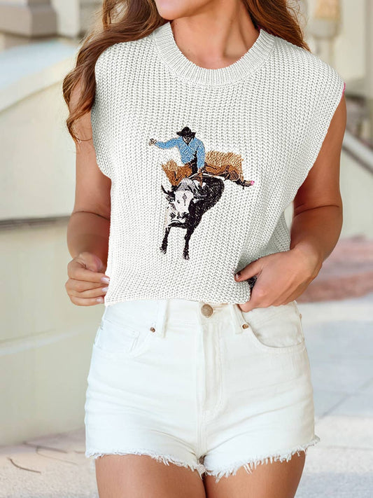 Western cowboy sleeveless sweater featuring a vintage rodeo design on a casual knit top