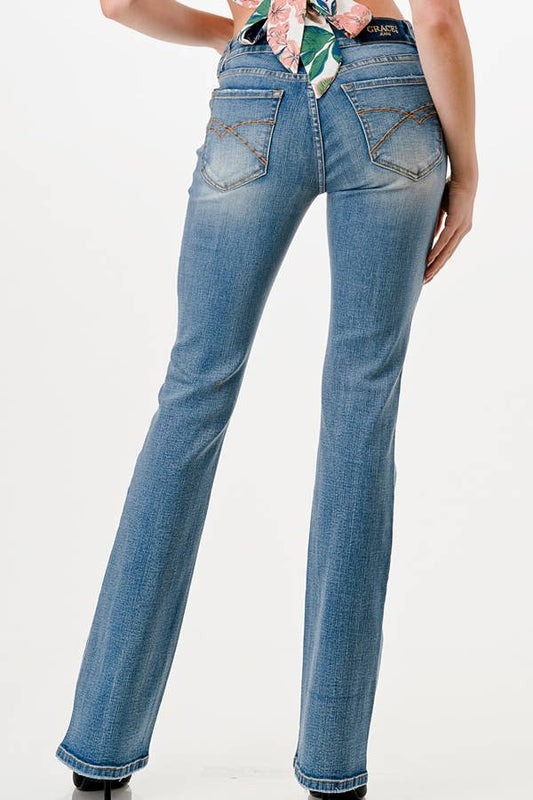 Grace in LA Western Stitch Mid-Rise Boot Cut Jeans with a Classic Fit and Flared Legs