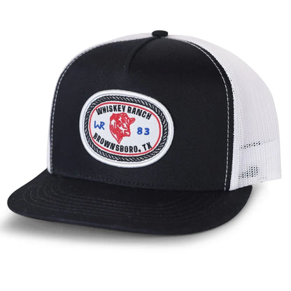 Whiskey Bent Western trucker hat in black and white with logo, perfect for stylish outdoor wear