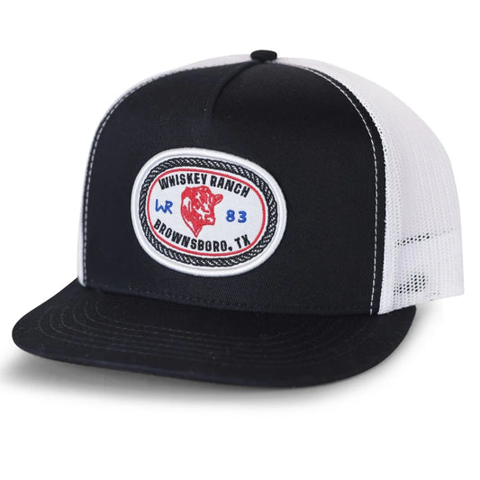 Whiskey Bent Western trucker hat in black and white with logo, perfect for stylish outdoor wear