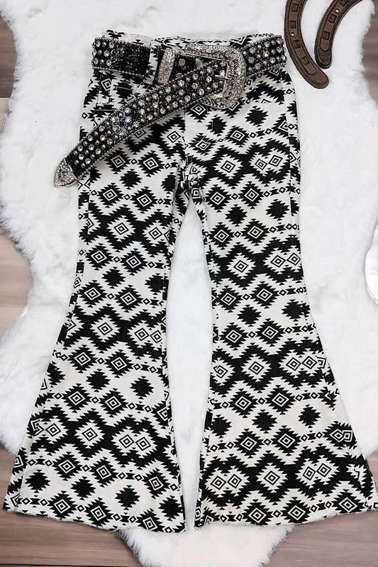 BLACK & WHITE AZTEC PRINTED BOOTCUT PANTS