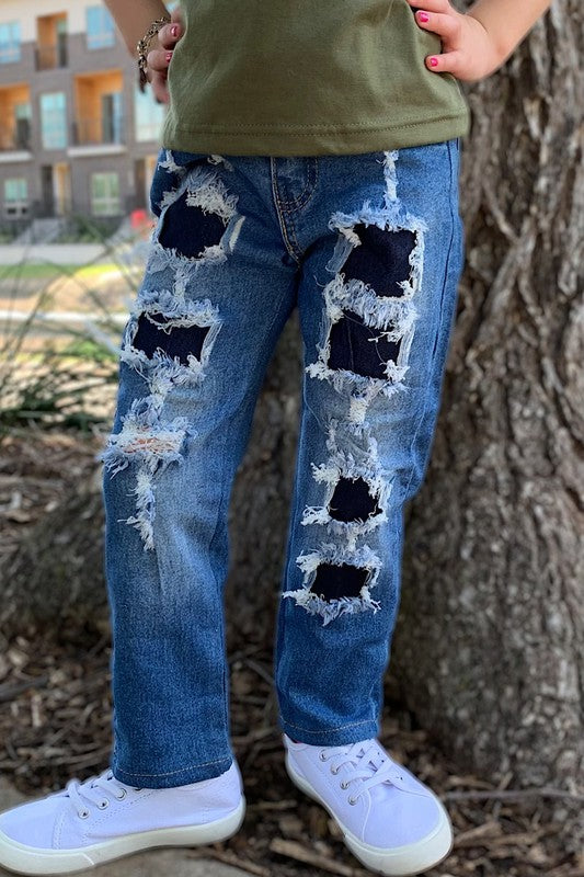 Kid’s DARK BLUE DENIM PANTS WITH NAVY BLUE PATCHES.
