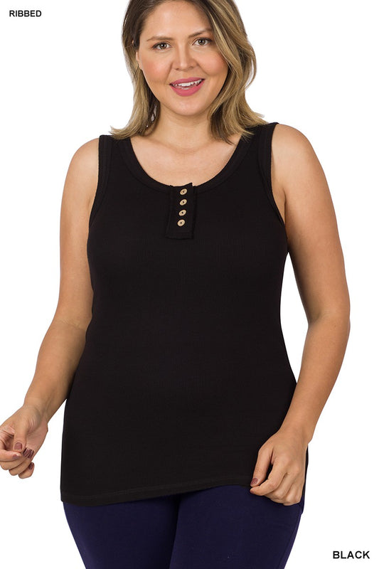 Plus Size Black Button Tank - 3X