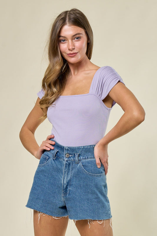 Lavender Ribbed Knit Bodysuit With Ruched Sleeve