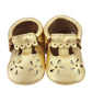 Mary Jane Gold Leather Baby Moccasins