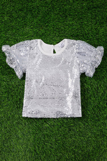 Silver Sequins Ruffle Sleeve Top - 2XS