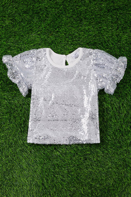 Silver Sequins Ruffle Sleeve Top - 2XS