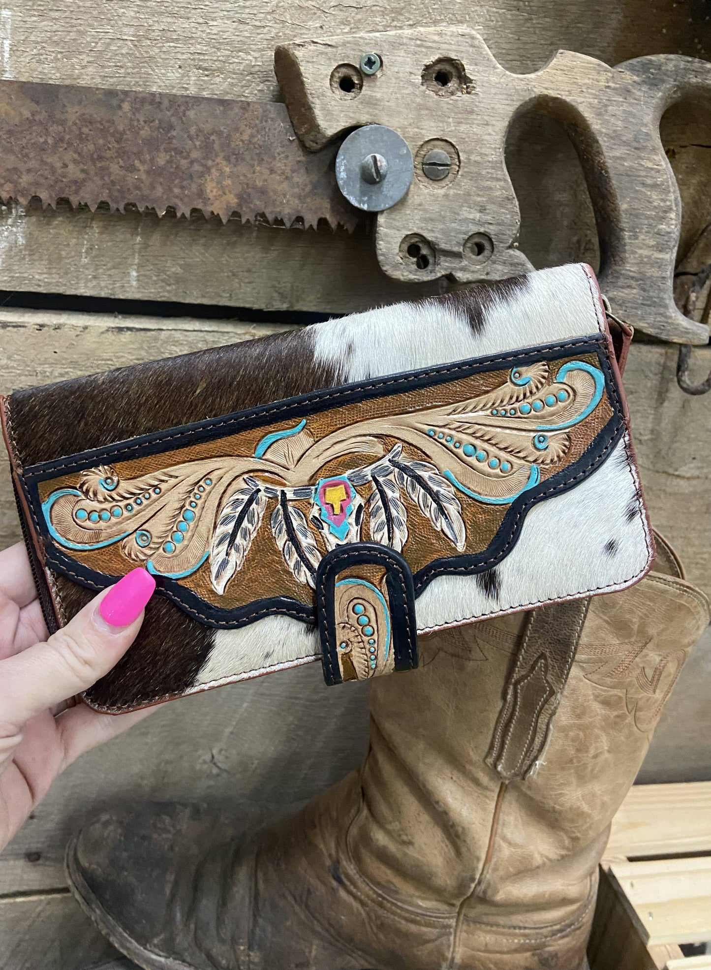 Cowhide Hand Painted Scull Tooled Leather Wallet