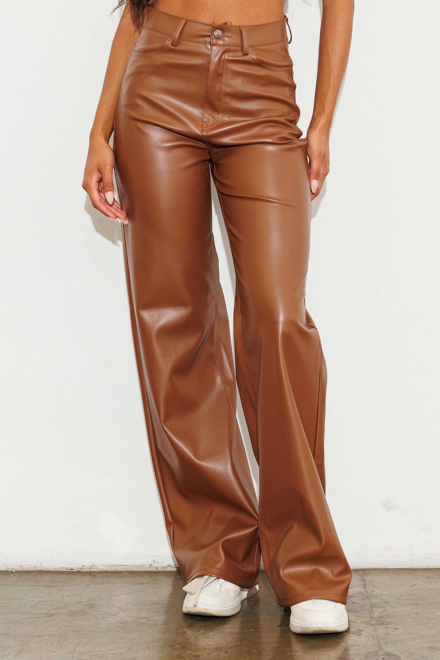 Faux Leather Wide Leg Pants in Cream, Black, Brown