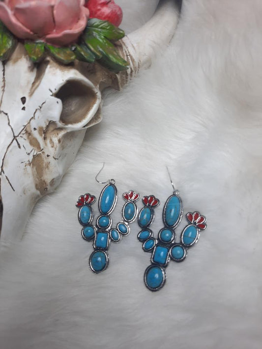 Cactus Blossom Earrings featuring turquoise stones and red accents for a stylish bohemian look